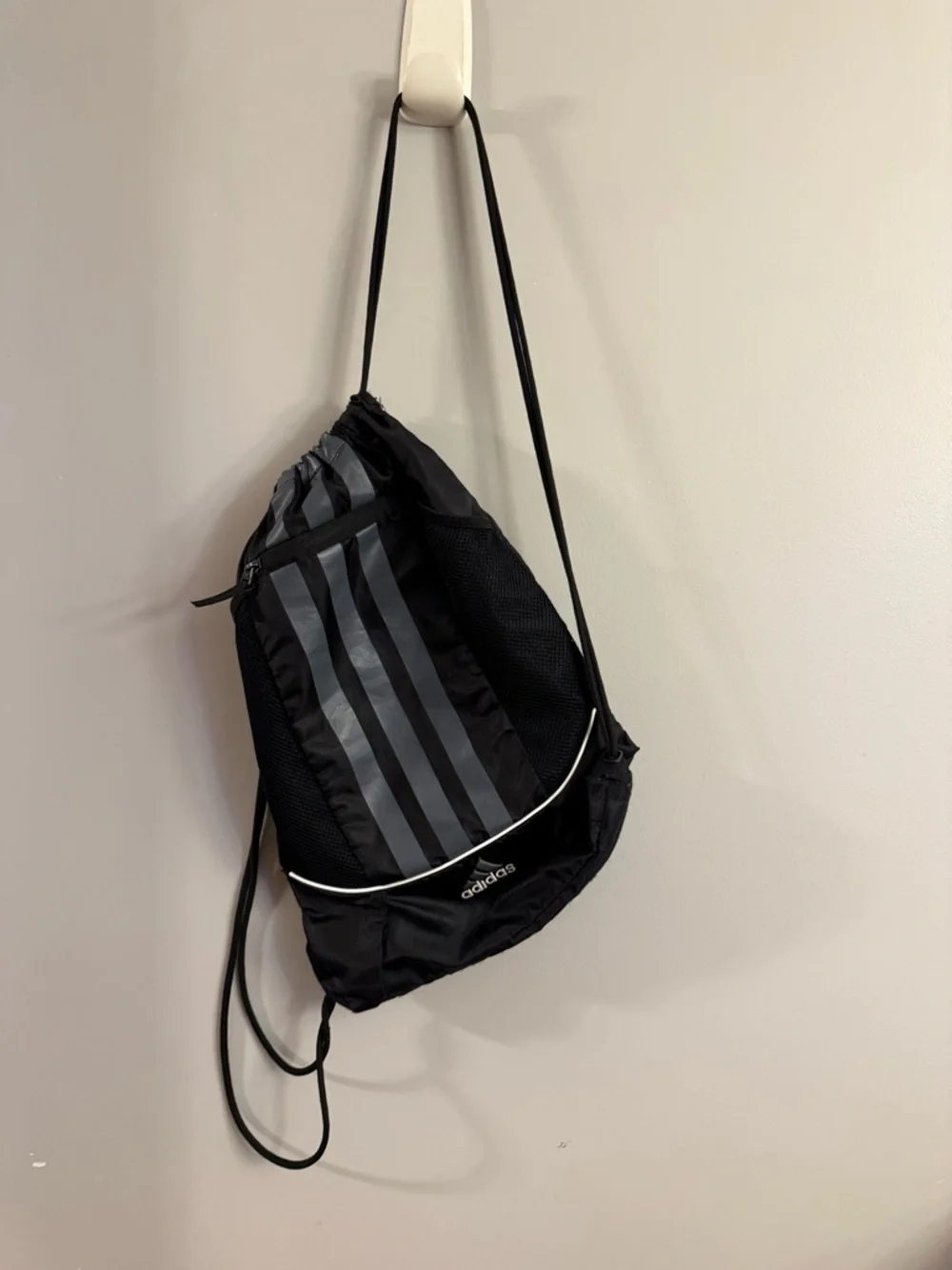 Adidas Black Reflective Stripe Drawstring Backpack Gym Sack Zip Pocket Bag